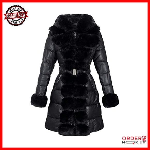 Women's Winter Puffer Coat with Faux Fur Hood and Belt - Picture 2 of 8